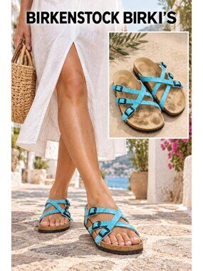 Birki’s Birkenstock Blue Leather Strappy Buckle Sandals EU 39 US 8